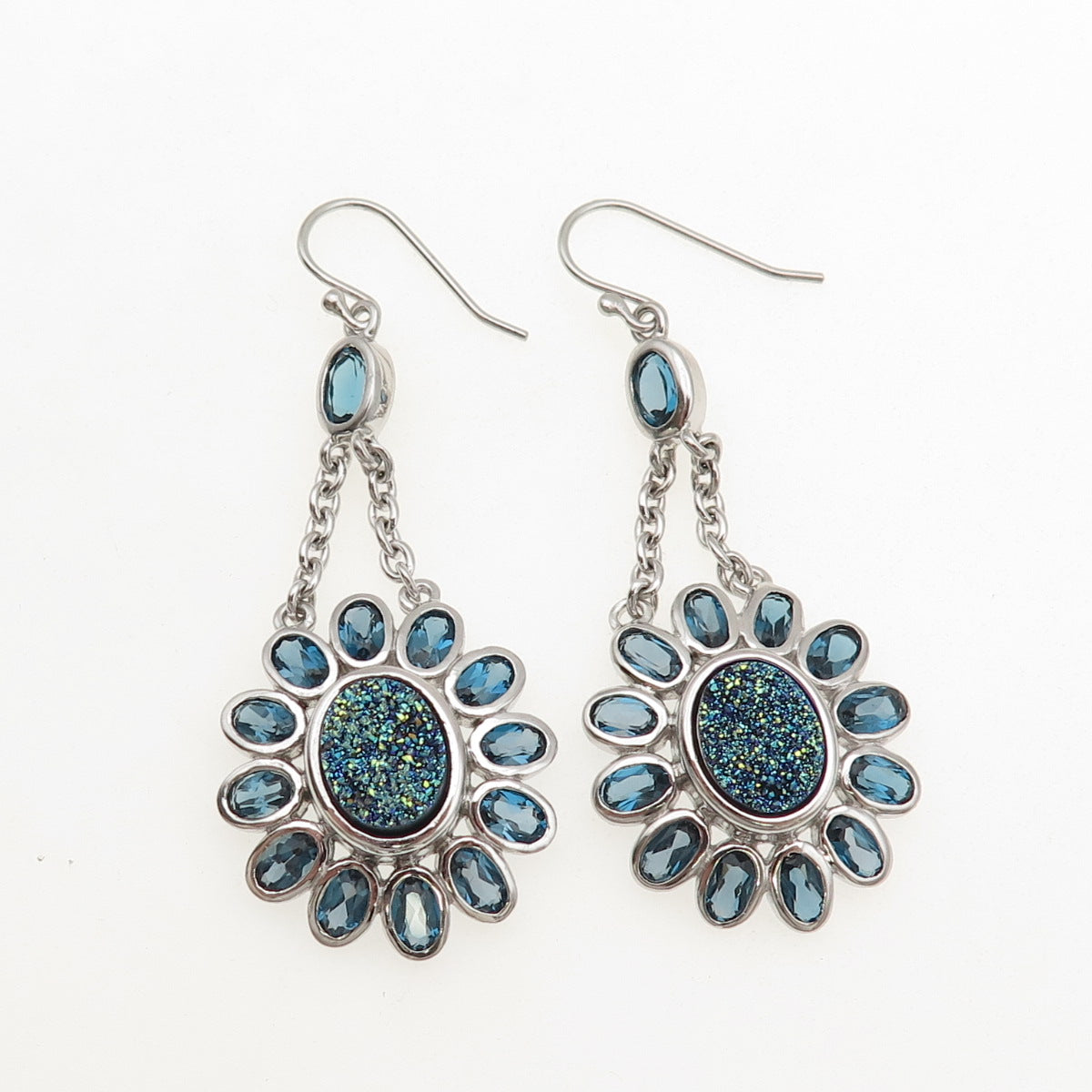 925 Sterling Silver Real London Blue Topaz & Druzy Dangle Earrings