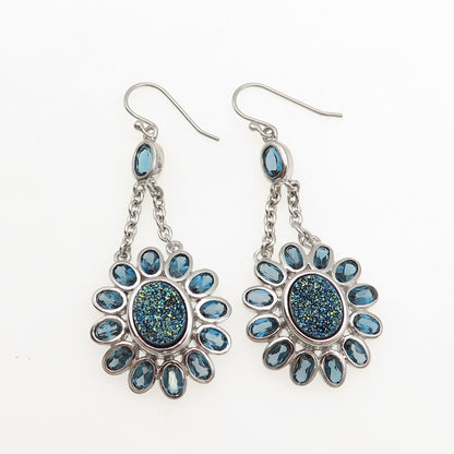 925 Sterling Silver Real London Blue Topaz & Druzy Dangle Earrings