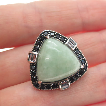 925 Sterling Silver Vintage Real Jade Black Spinel & C Z Triangle Pendant