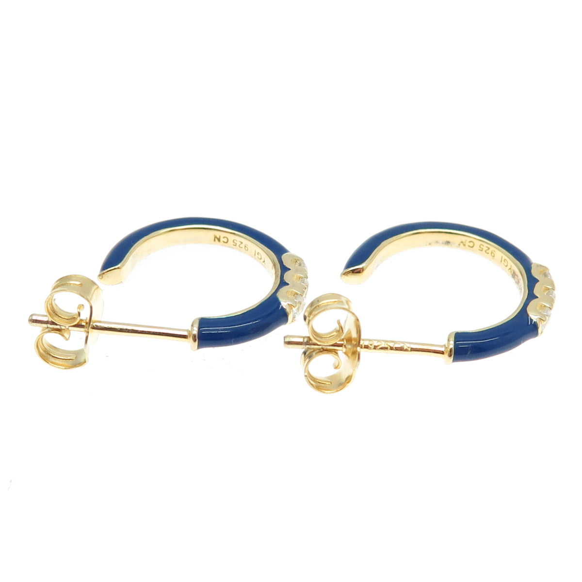 925 Sterling Silver Gold Plated C Z & Blue Enamel Half Hoop Earrings