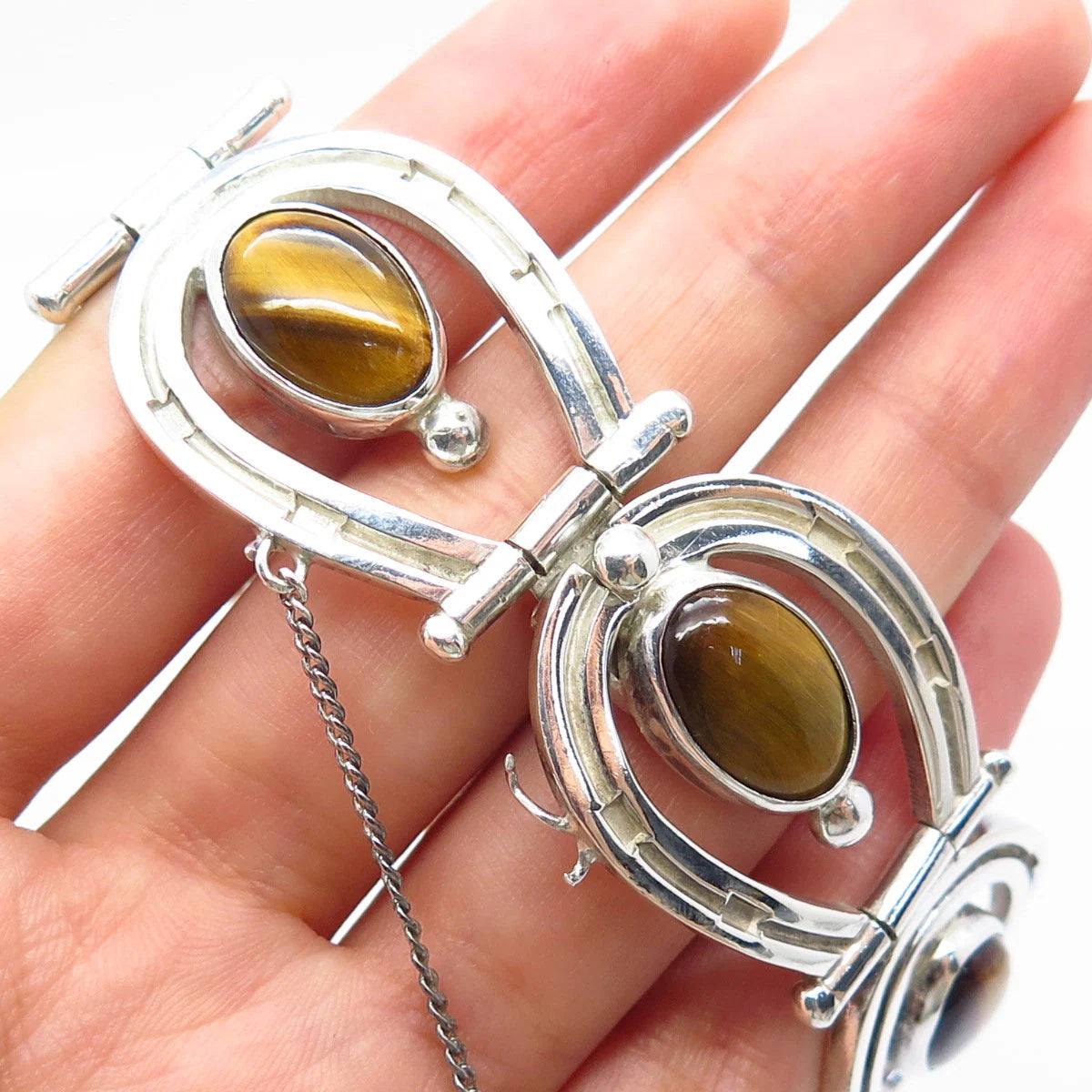 925 Sterling Silver Vintage Mexico Los Ballesteros Tiger Eye Gem Bracelet 7"