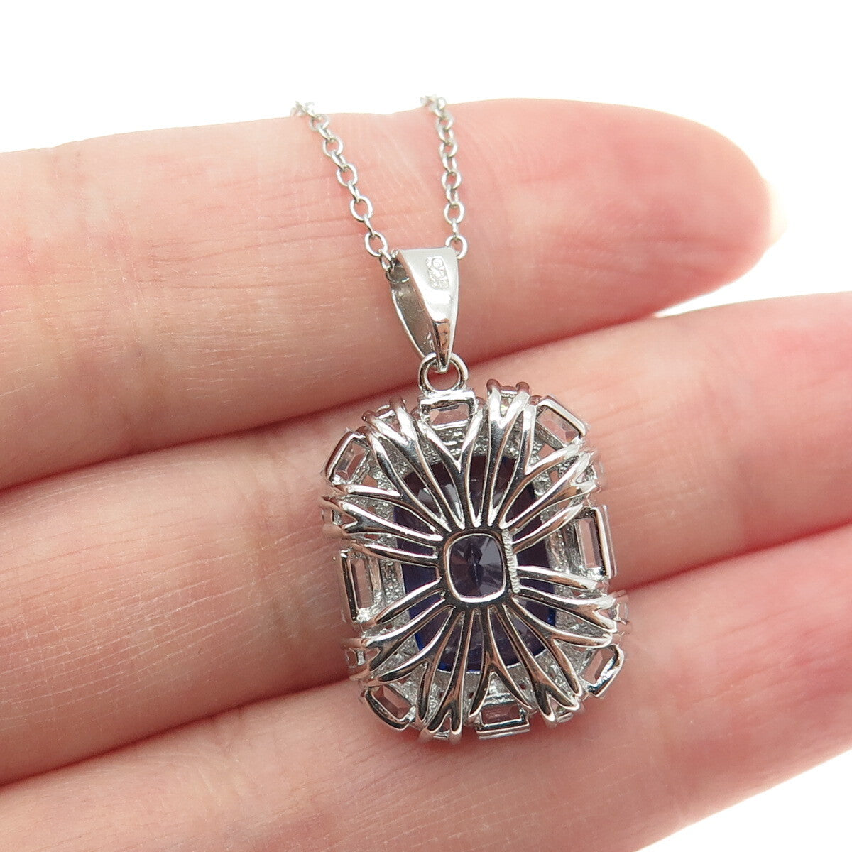 925 Sterling Silver Blue & White C Z Station Chain Necklace 18"
