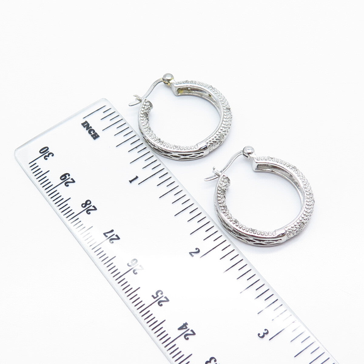 925 Sterling Silver Real White Diamond Round Hoop Earrings