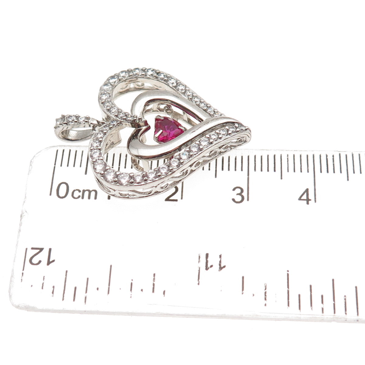 SUN 925 Sterling Silver Lab-Created Ruby & C Z Heart Charm Pendant