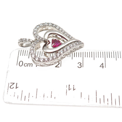SUN 925 Sterling Silver Lab-Created Ruby & C Z Heart Charm Pendant