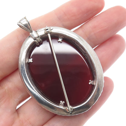H&T SOLOW 925 Sterling Silver Vintage Real Carnelian Flower Pin Brooch / Pendant
