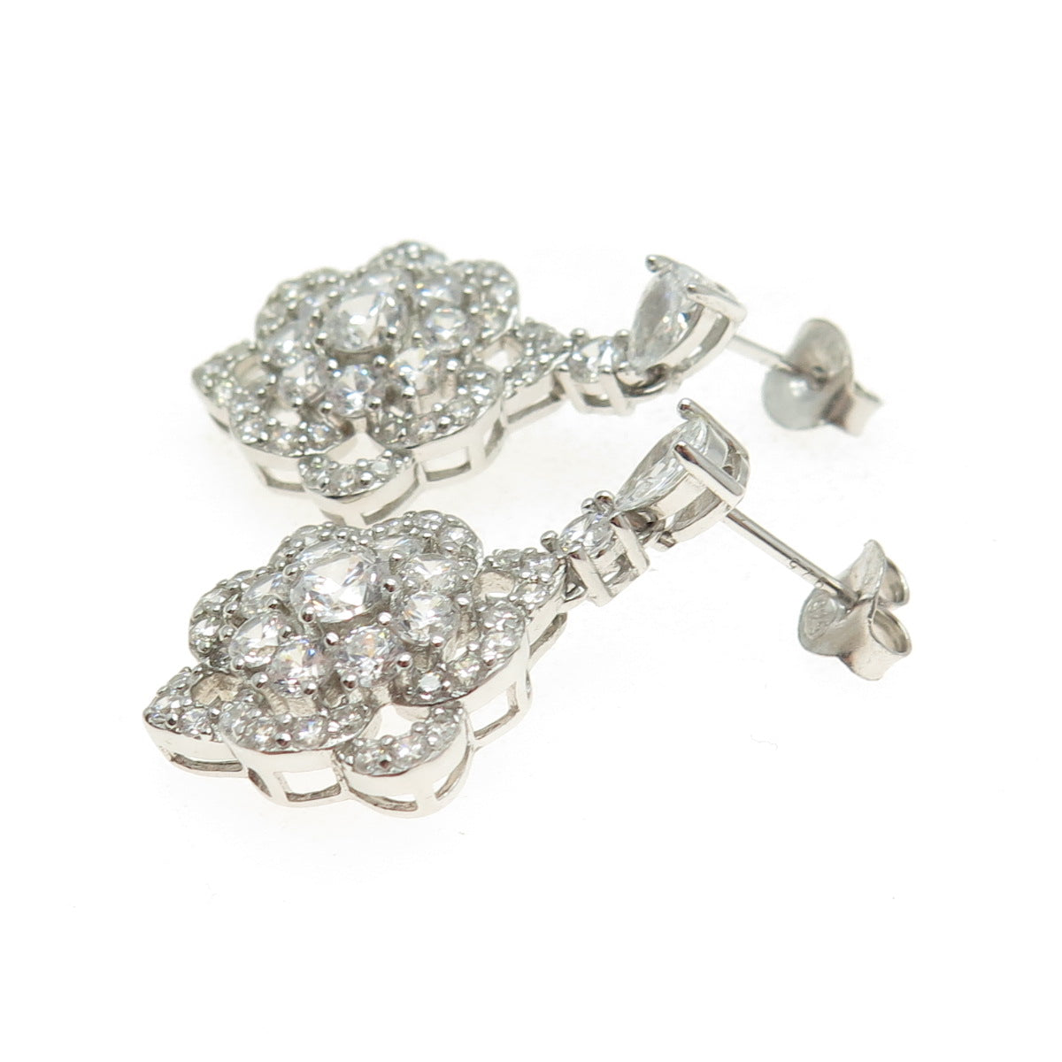 925 Sterling Silver Pear & Round-Cut Shaped C Z Dangle Earrings