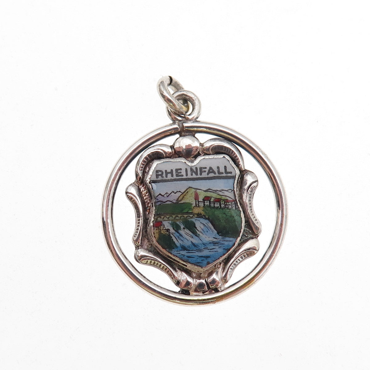 925 Sterling Silver Antique Art Deco Enamel Rhine Falls Switzerland Pendant
