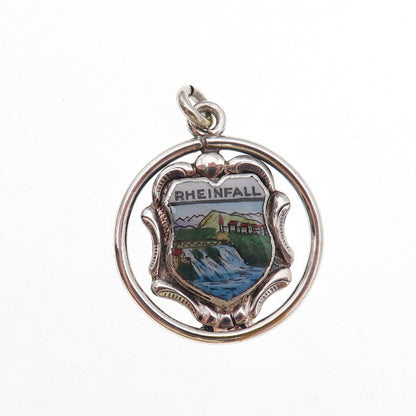 925 Sterling Silver Antique Art Deco Enamel Rhine Falls Switzerland Pendant
