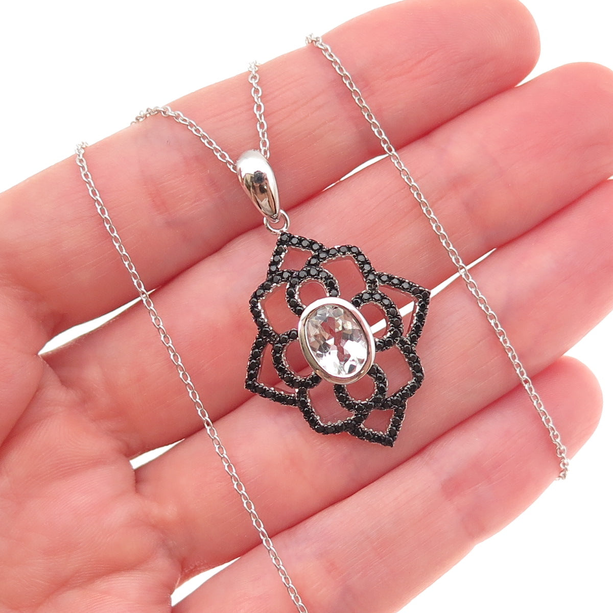 925 Sterling Silver Real Aquamarine Black Spinel Floral Cable Chain Necklace 18"