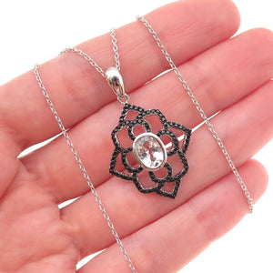 925 Sterling Silver Real Aquamarine Black Spinel Floral Cable Chain Necklace 18"