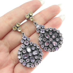 925 Sterling Silver Vintage Real Multi-Cut Amethyst & Citrine Dangling Earrings