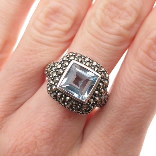 925 Sterling Silver Vintage Real Blue Topaz & Marcasite Oxidized Ring Size 8
