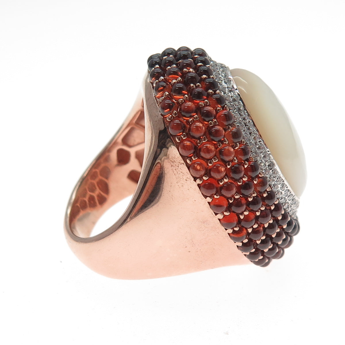 925 Sterling Silver Rose Gold Plated Real MOP Red Garnet & C Z Ring Size 7.25