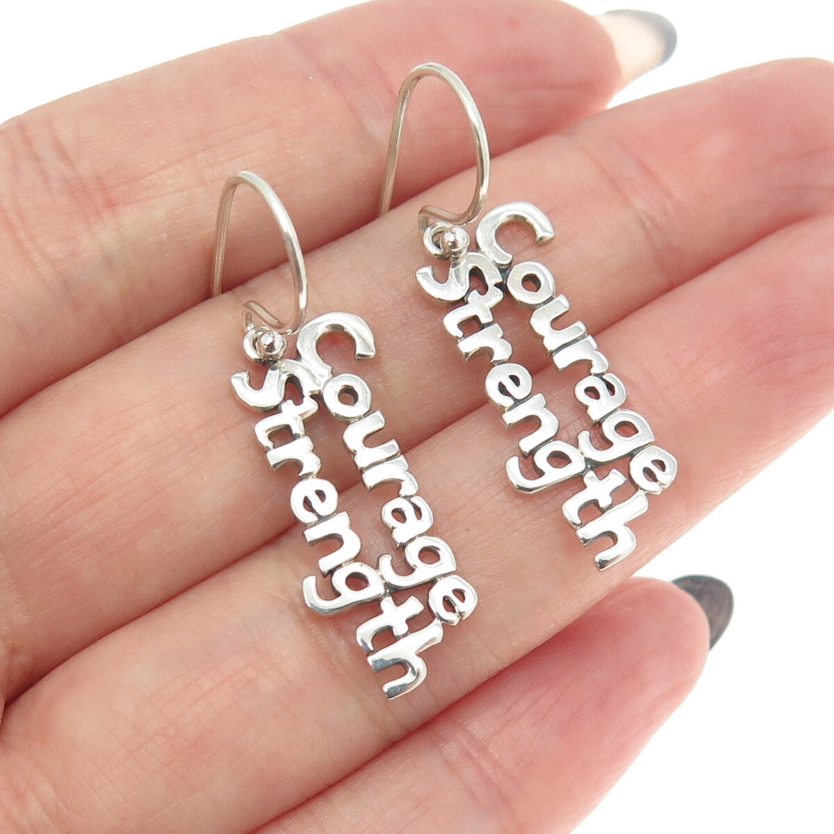 925 Sterling Silver "Courage Strength" Dangling Earrings