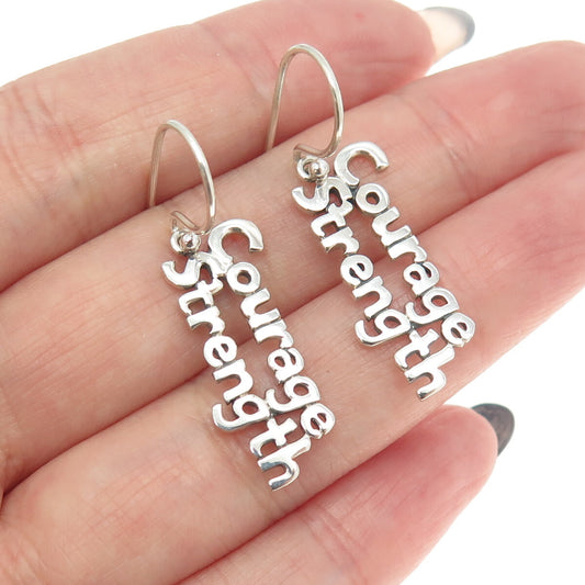 925 Sterling Silver "Courage Strength" Dangling Earrings