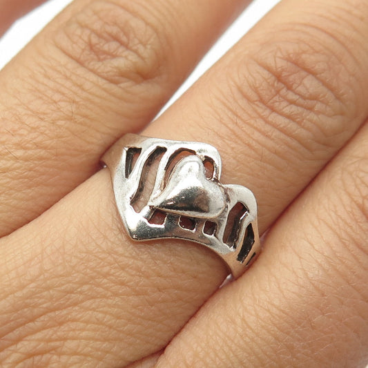 925 Sterling Silver Vintage Modernist Heart Ring Size 8.5