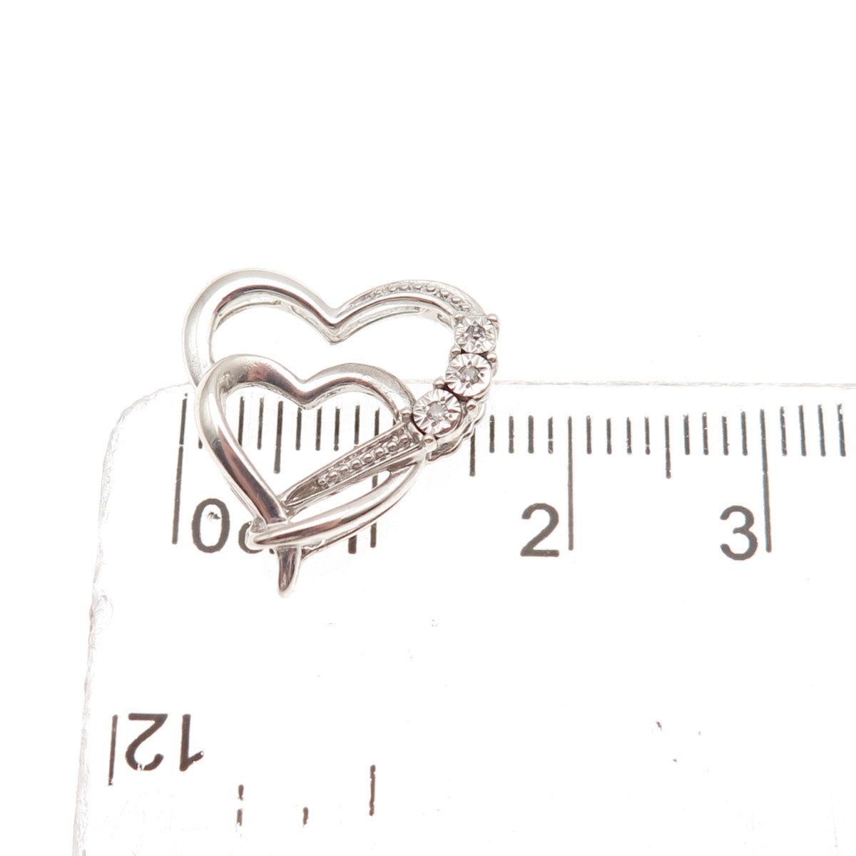 925 Sterling Silver Real Diamond Double Heart Mini Slide Charm Pendant