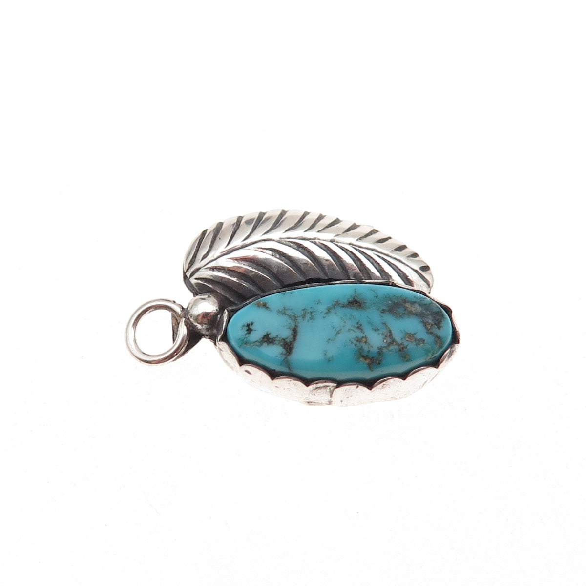 Old Pawn Sterling Silver Vintage Southwestern Turquoise Feather Charm Pendant