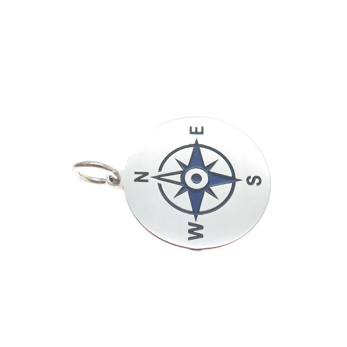 925 Sterling Silver Blue Enamel Compass Round Tag Minimalist Charm Pendant