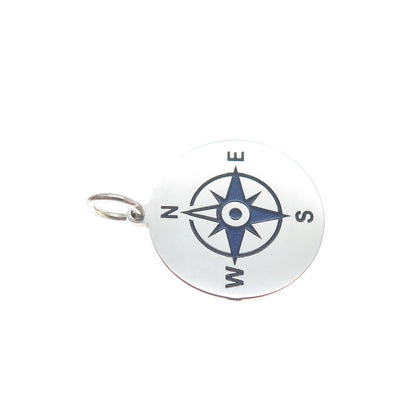 925 Sterling Silver Blue Enamel Compass Round Tag Minimalist Charm Pendant