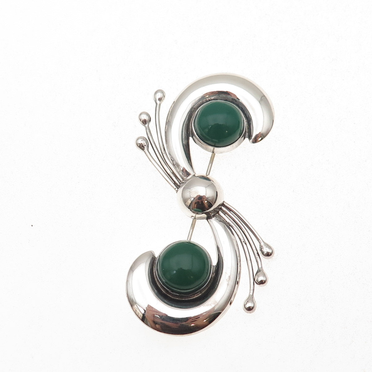 925 Sterling Silver Vintage Mexico Real Green Onyx Modernist Pin Brooch