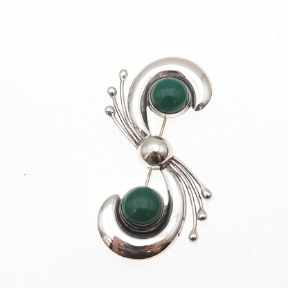 925 Sterling Silver Vintage Mexico Real Green Onyx Modernist Pin Brooch