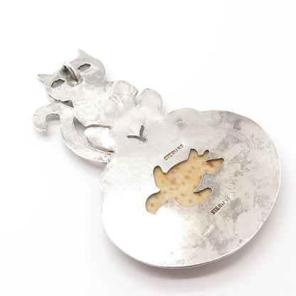 925 Sterling Silver Vintage Real Fossil Cat / Kitten & Turtle Pendant