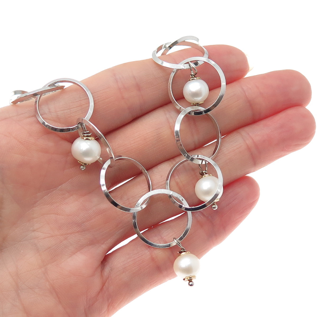 SILVER STAR 925 Sterling Vintage Italy Real Pearl Rolo Chain Necklace 22"