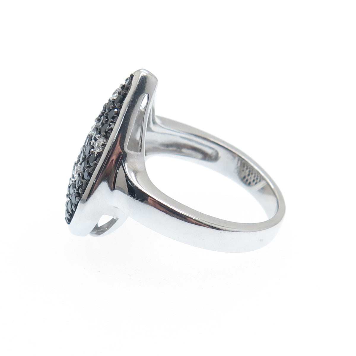 925 Sterling Silver Real Black Spinel Gemstone & C Z Teardrop Ring Size 7