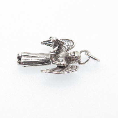 925 Sterling Silver Vintage Christmas Angel Oxidized 3D Charm Pendant