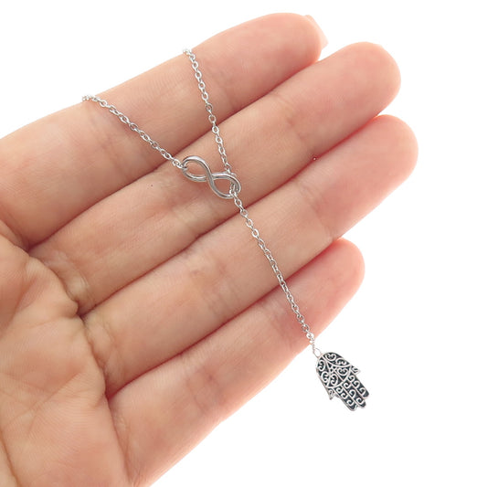 925 Sterling Silver Vintage Hamsa Amulet Lariat Adjustable Chain Necklace 16-20"
