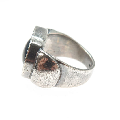 925 Sterling Silver Vintage Real Black Onyx Modernist Oxidized Ring Size 6.5