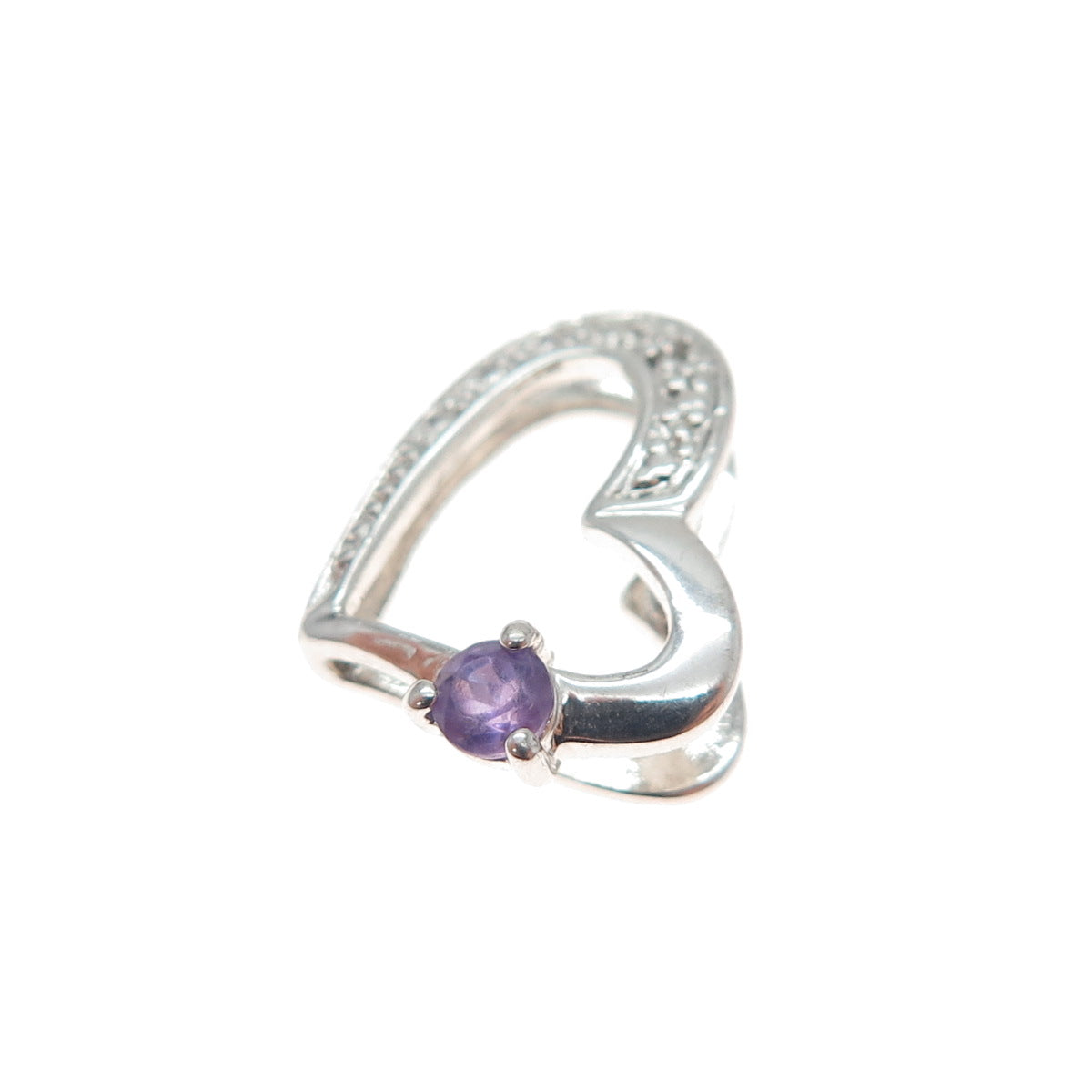 925 Sterling Silver Real Diamond Accent Amethyst Heart Minimalist Slide Pendant
