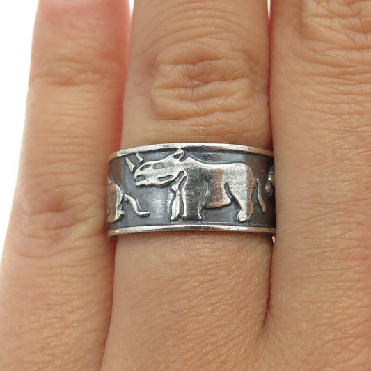 925 Sterling Silver Vintage Mexico Rhinoceros Camel Horse Band Ring Size 7.25