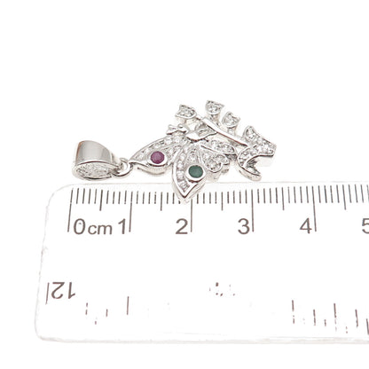 925 Sterling Silver Real Round-Cut Emerald Ruby & C Z Butterfly Charm Pendant