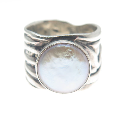 SILPADA 925 Sterling Silver Vintage Real Pearl Modernist Oxidized Ring Size 7.25
