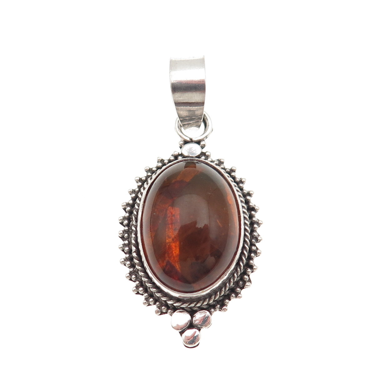 925 Sterling Silver Vintage Real Amber Granulated Charm Pendant