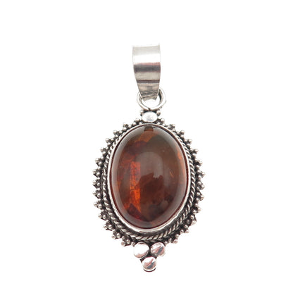925 Sterling Silver Vintage Real Amber Granulated Charm Pendant
