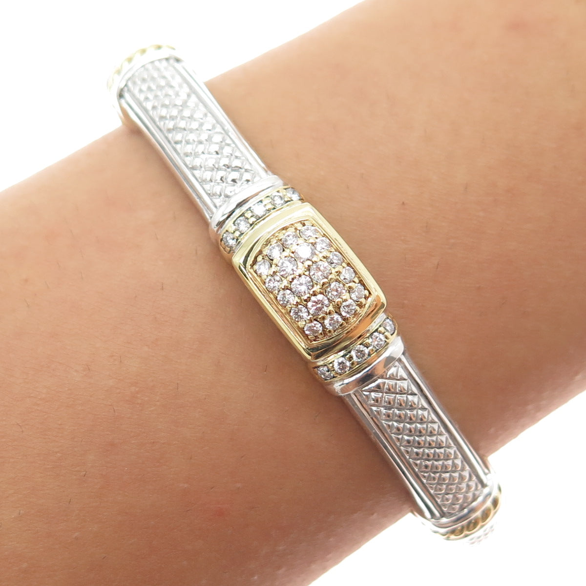 JUDITH RIPKA Sterling Silver & 18K Gold Real Round-Cut Diamond Cuff Bracelet 6"