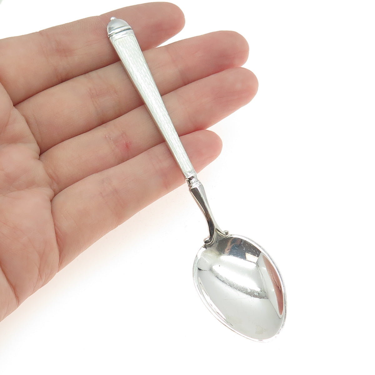 WATSON 925 Sterling Silver Vintage White Guilloche Enamel Coffee Spoon