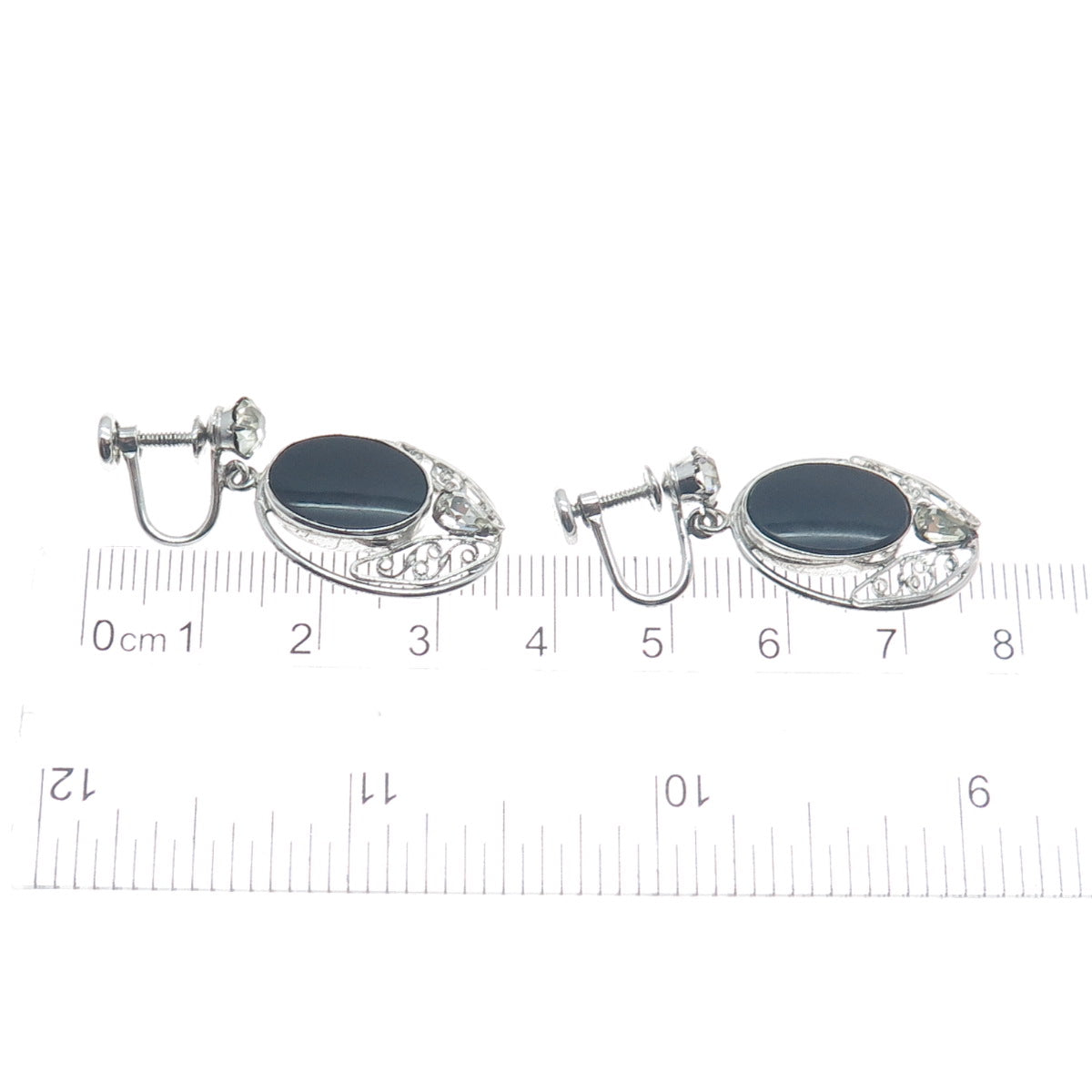 CARL ART 925 Sterling Silver Antique Rhinestone & Black Onyx Screw Back Earrings