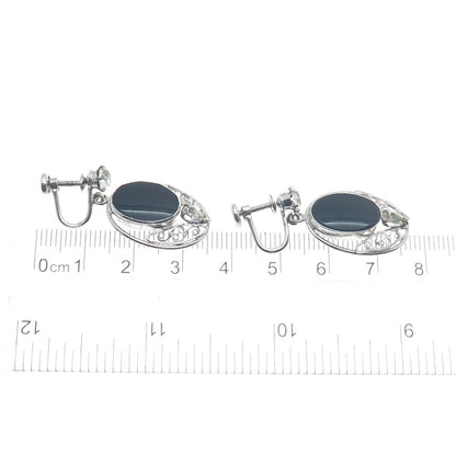 CARL ART 925 Sterling Silver Antique Rhinestone & Black Onyx Screw Back Earrings