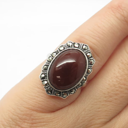 925 Sterling Silver Vintage Uncas Real Carnelian & Marcasite Gem Ring Size 4.75