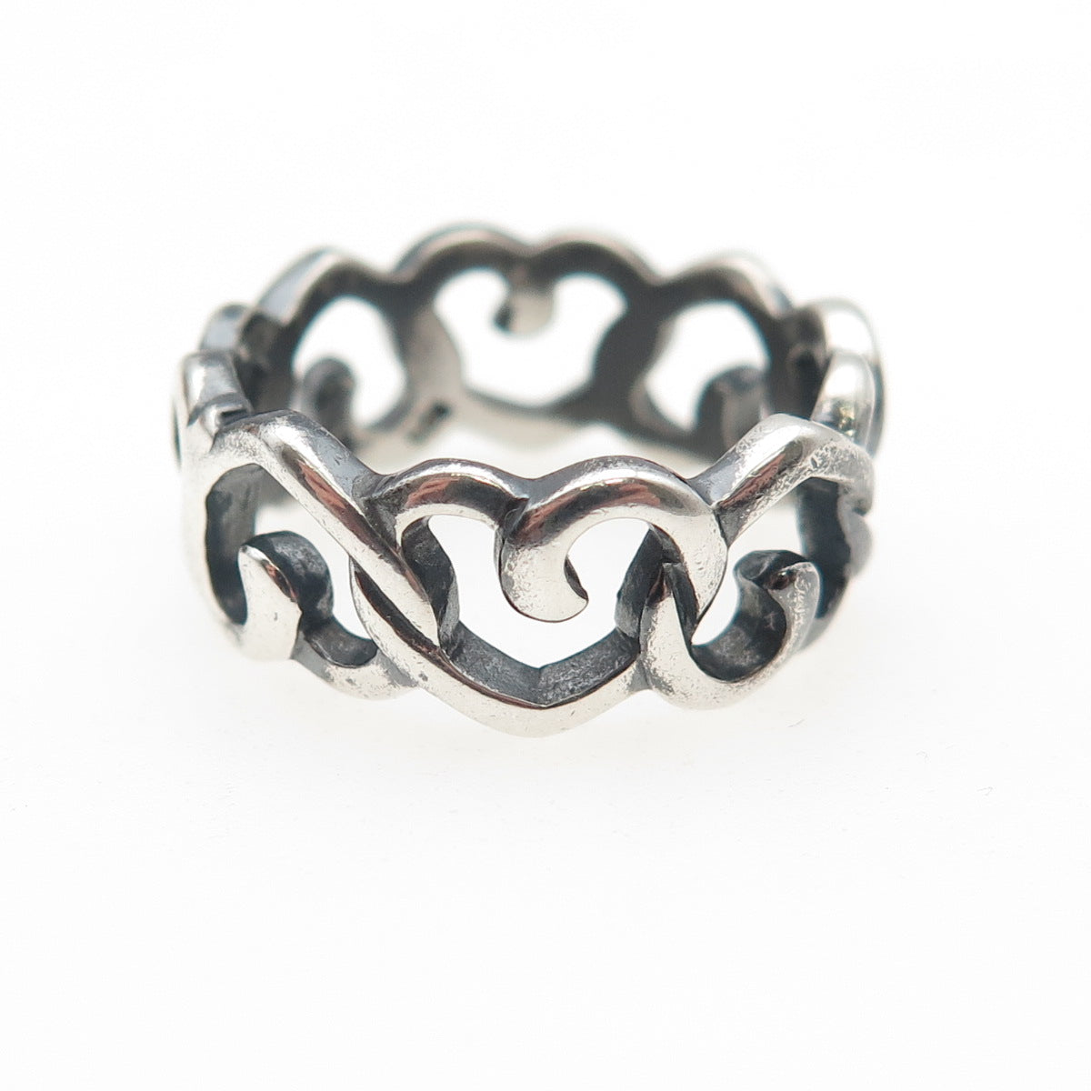 925 Sterling Silver Vintage Heart Link Oxidized All Around Band Ring Size 6.25