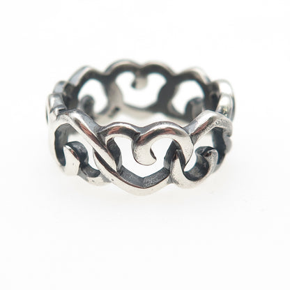 925 Sterling Silver Vintage Heart Link Oxidized All Around Band Ring Size 6.25