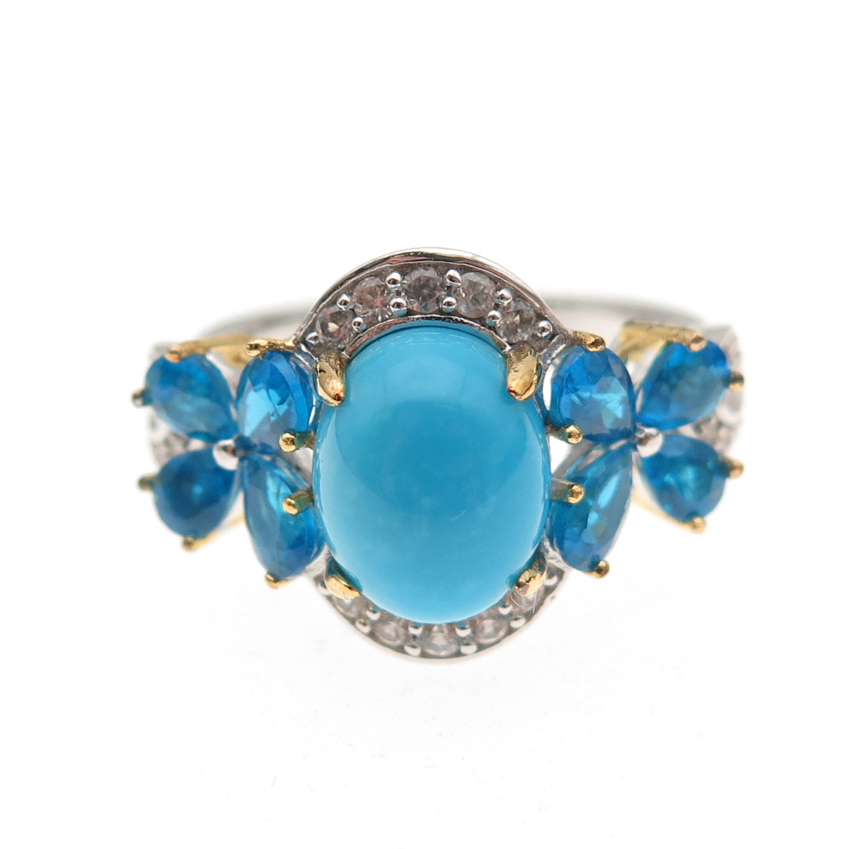 925 Sterling Silver 2-Tone Real Turquoise Apatite & White Topaz Ring Size 8