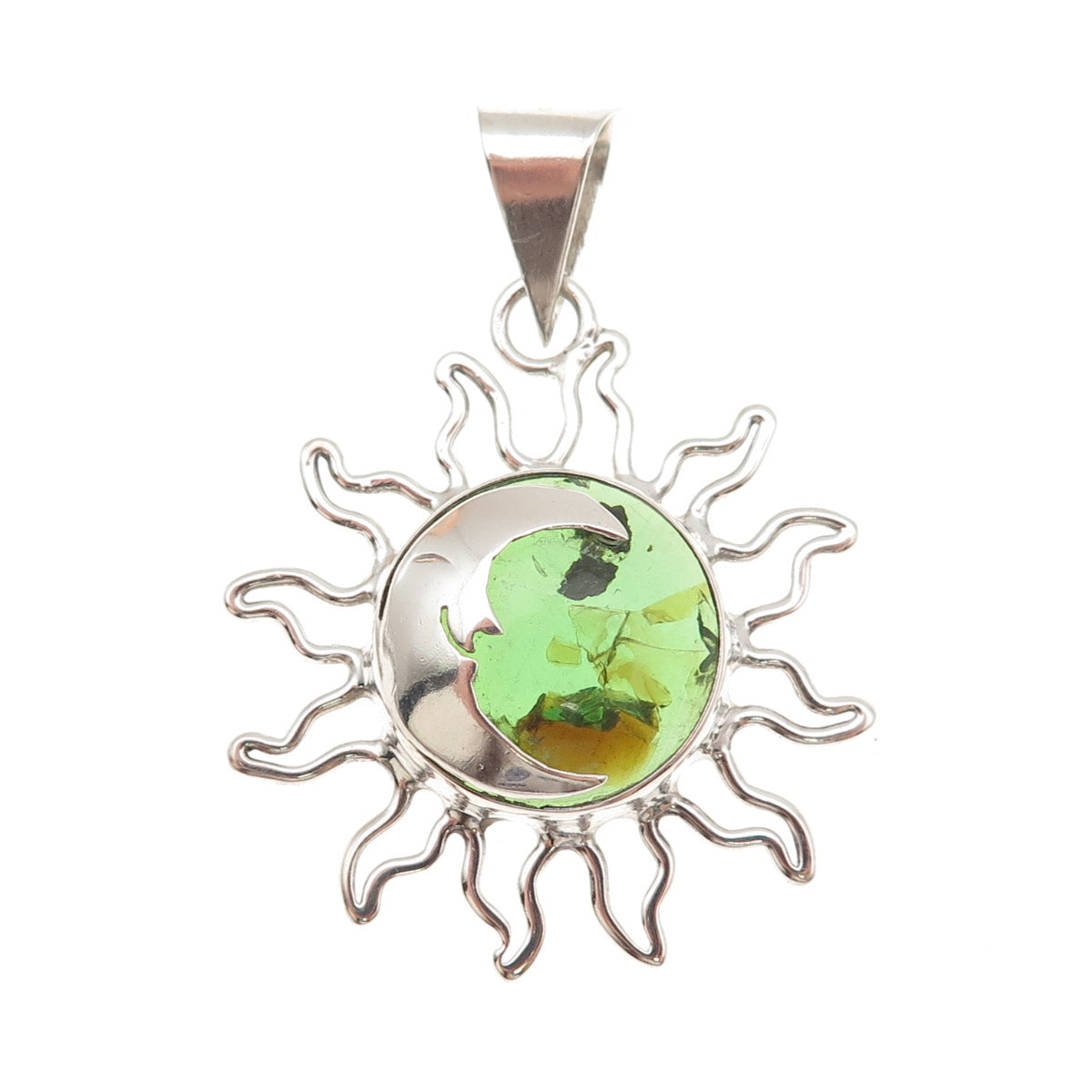 925 Sterling Silver Vintage Mexico Real Green Amber Eclipse Charm Pendant