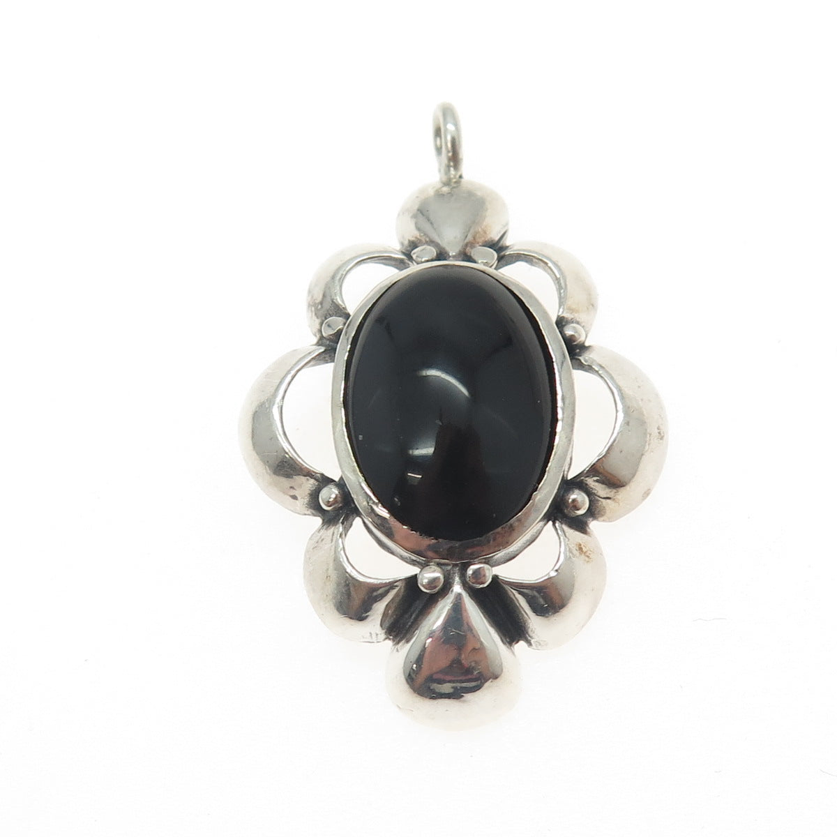 MORNING SUN 925 Sterling Silver Vintage Real Black Onyx Floral Pendant