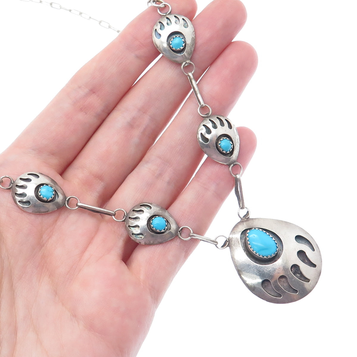 SELENA JAKE Old Pawn 925 Sterling Silver Turquoise Bear Paw Chain Necklace 18"